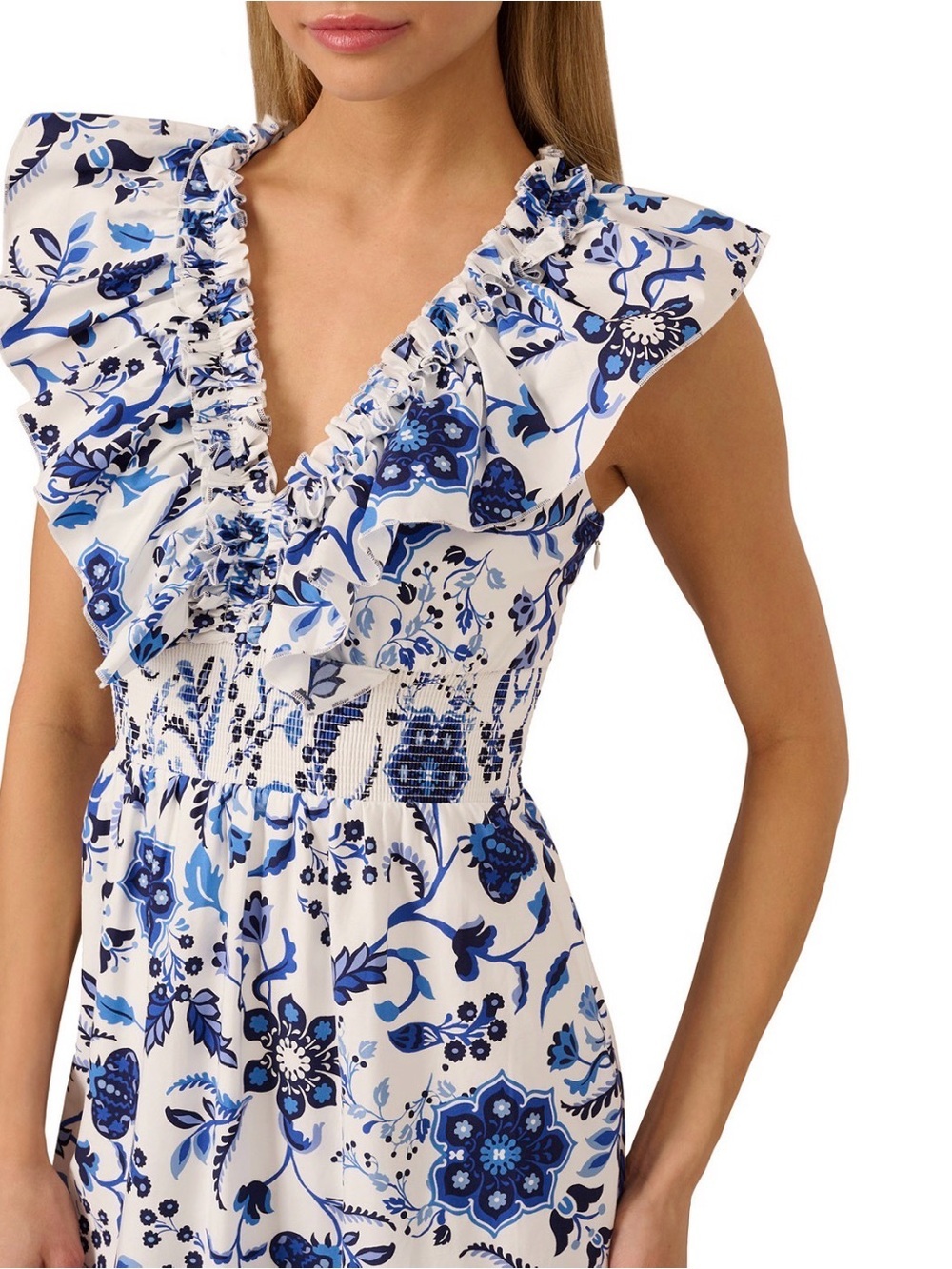 Adrianna Papell Ruffle Midi Dress w/ Blue & White Floral Print, Size 12, NWT - Picture 2 of 8